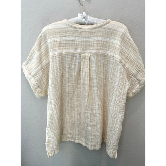 L.L. BEAN | Plus Crinkled Cotton Gauze Top V-Neck Pullover Beige Stripe | 2X - Picture 4 of 7